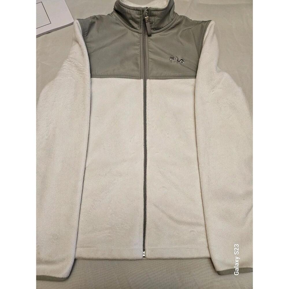 Zip up white and grey fleece jacket